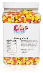 Sarah's Candy Factory candy corn jar front view shows vibrant colors and freshness.