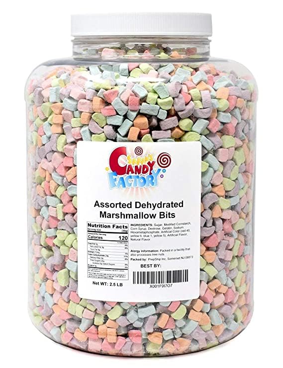 Sarah's Candy Factory dehydrated marshmallow bits in a jar, convenient for quick toppings and freshness.