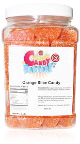 Sarah's Candy Factory orange slice candy jar shows chewy, bite-size citrus pieces for sharing.