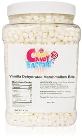 Sarah's Candy Factory vanilla mini dehydrated marshmallow bits jar front view, convenient topping for drinks