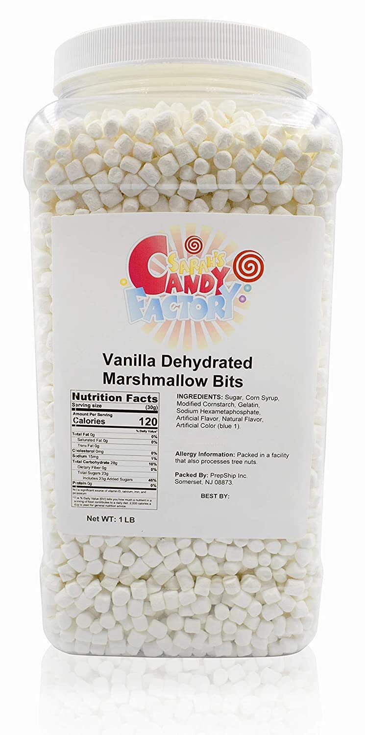Sarah's Candy Factory vanilla mini marshmallows in a jar for easy hot cocoa topping.