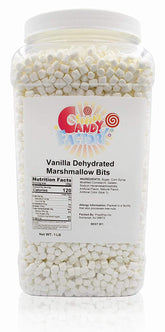 Sarah's Candy Factory vanilla mini marshmallows in a jar for easy hot cocoa topping.