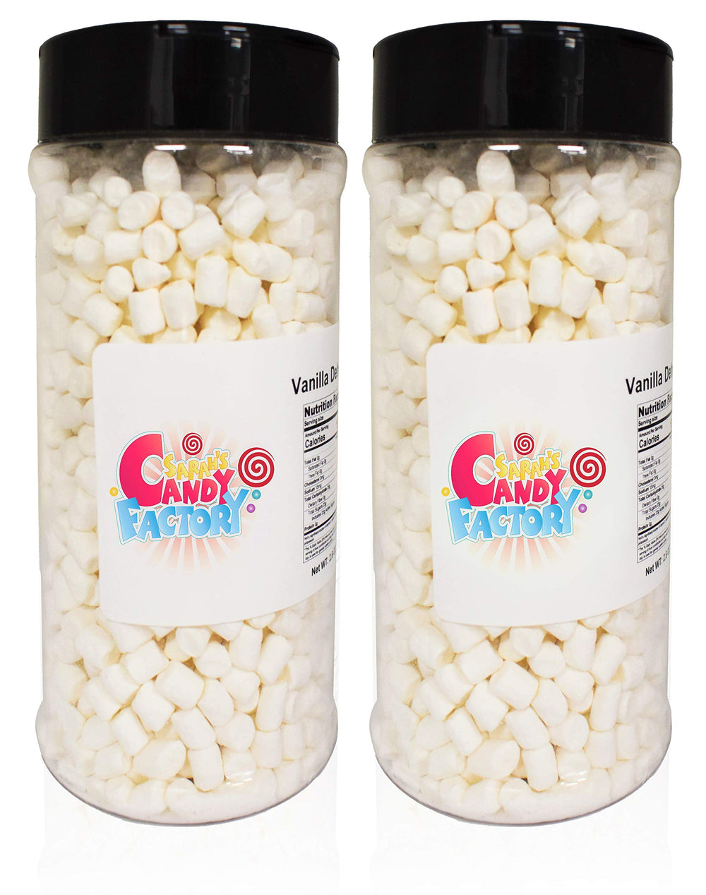 Sarah's Candy Factory jar of variety dehydrated marshmallow bits, front view for toppings