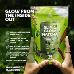 Sarasota Slim & Glow close-up emphasizes organic matcha and inulin prebiotic fiber