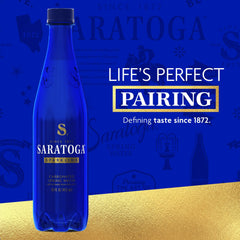 Saratoga 16 oz blue bottle with crisp bubbles.