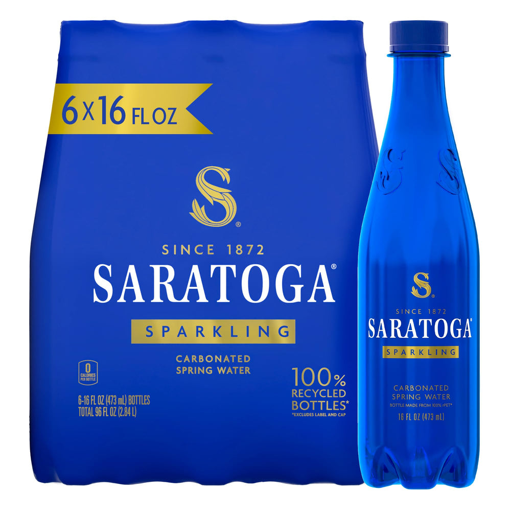 Saratoga Sparkling Water 6-pack 16oz bottles for on-the-go hydration.