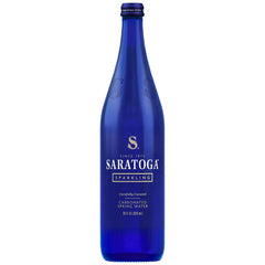 Saratoga Sparkling Water 28oz blue bottle on a table, ideal for sharing.