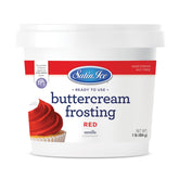 Satin Ice red buttercream frosting in a 1lb pail with rich color and smooth texture