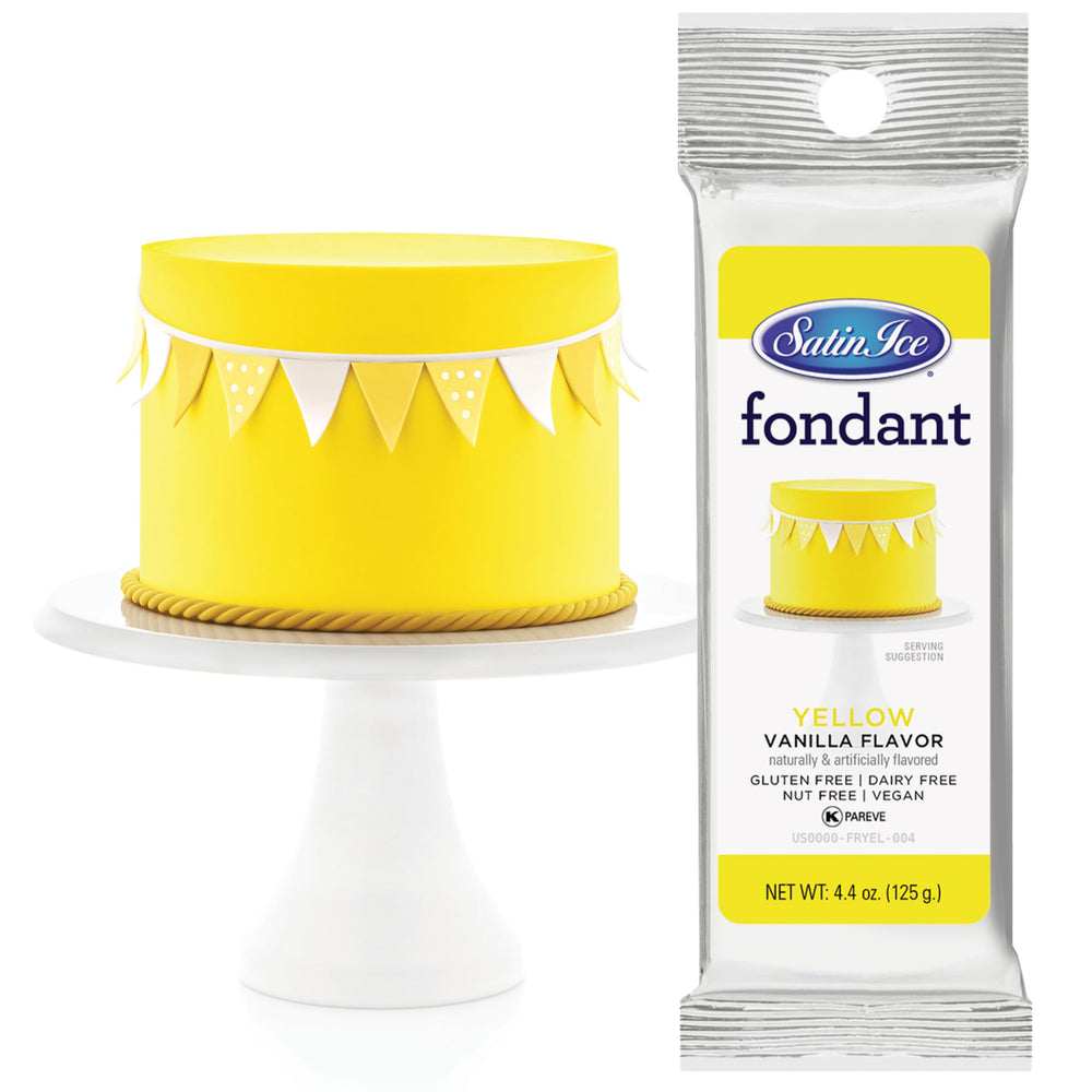 Satin Ice yellow fondant covering for a seamless cake wrap and smooth finish.