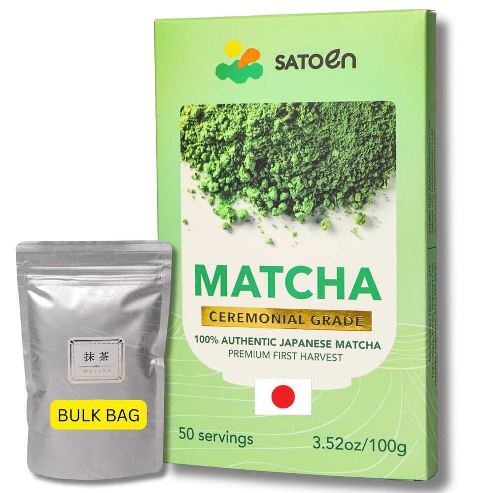 Satoen ceremonial matcha powder packaging close-up highlights freshness for daily preparation