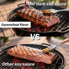 Sauce Grandmaster dark soy bottle label highlighting gluten-free and non-GMO quality.