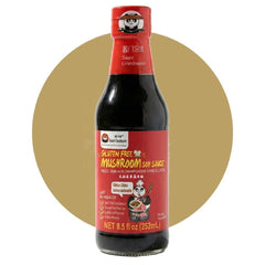 Sauce Grandmaster mushroom dark soy bottle highlighting gluten-free umami.