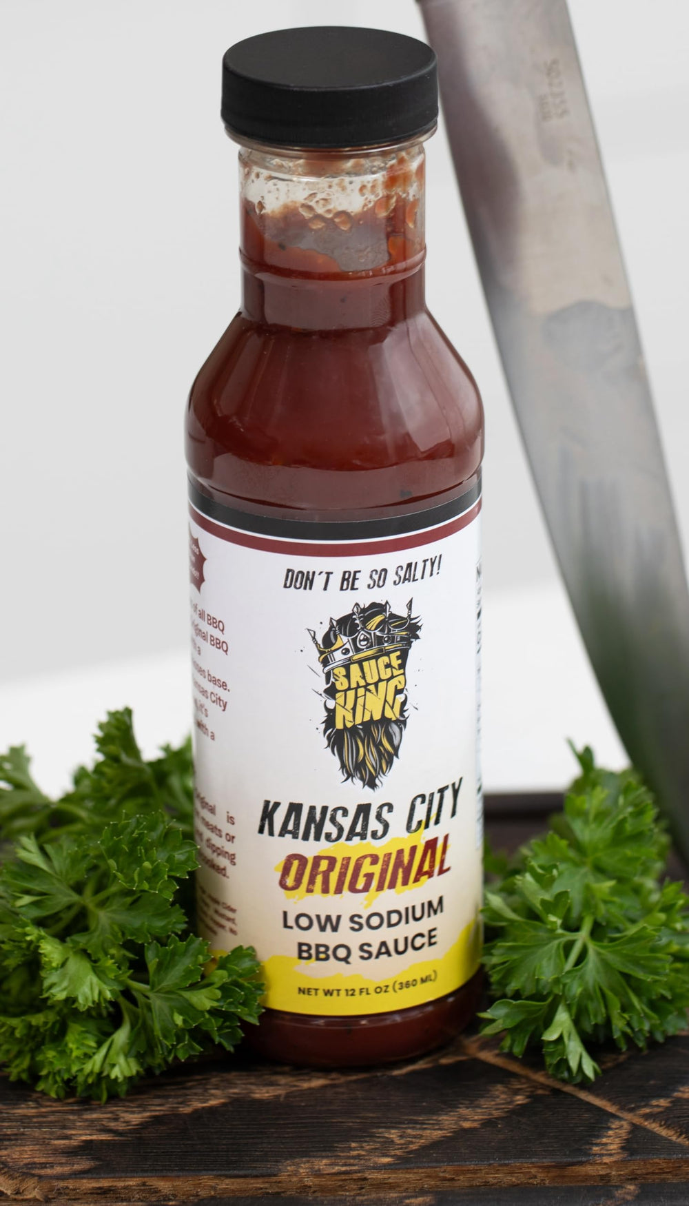Sauce King Kansas City Low Sodium Barbecue Sauce bottle for grilling with sweet, smoky flavor.