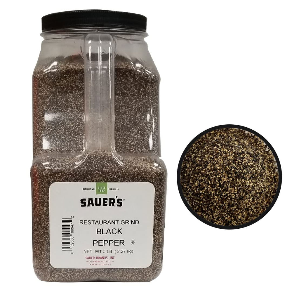 Sauer's ground black pepper 5lb canister for restaurant kitchens.