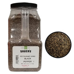 Sauer's ground black pepper 5lb canister for restaurant kitchens.