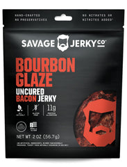Savage Jerky Co bourbon glaze packaging closeup, flavor-forward presentation