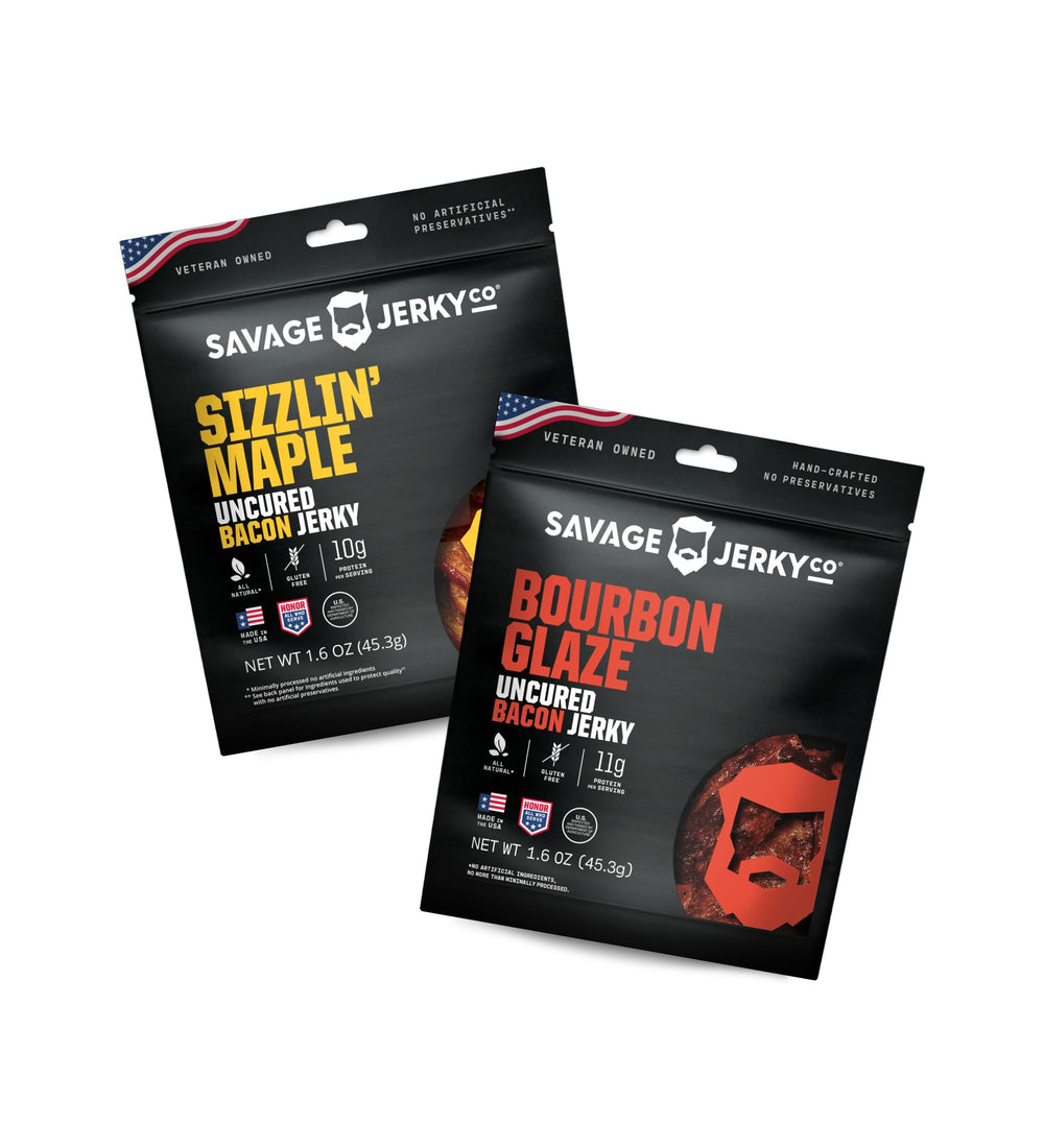 Savage Jerky Co uncured bacon jerky maple cayenne 2-pack, bold on-the-go snack