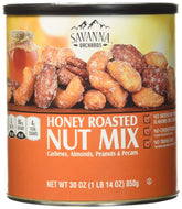Savanna Orchards gourmet honey roasted nut mix in a 30oz jar, ideal for sharing