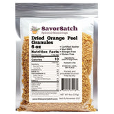 SavorSatch dried orange peel granules in jar close for baking and savory dishes.