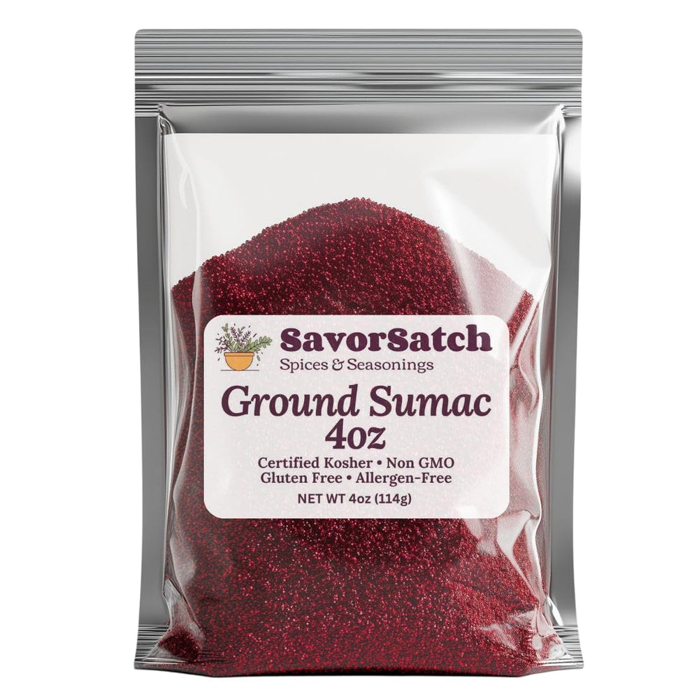 SavorSatch Ground Sumac bottle pour highlighting tangy aroma and salad enhancement.