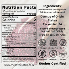 SavorSatch Ground Sumac resealable pouch open shows vibrant red powder for marinades.