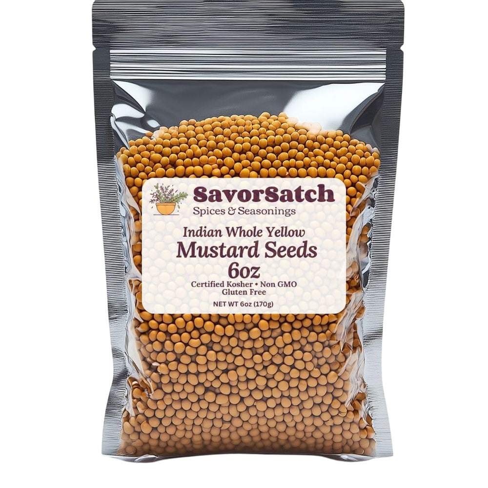SavorSatch Yellow Mustard Seeds in a stand-up pouch ready for fresh Indian cooking.
