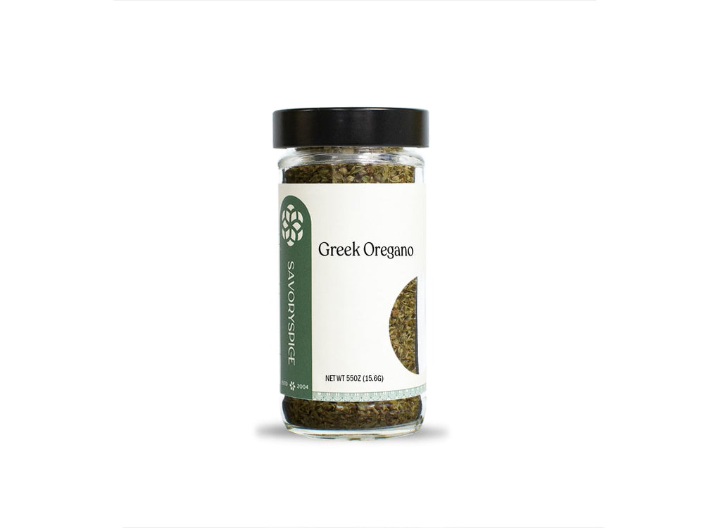 Savory Spice Greek oregano leaves in a jar, bold Mediterranean flavor for sauces and pizzas.