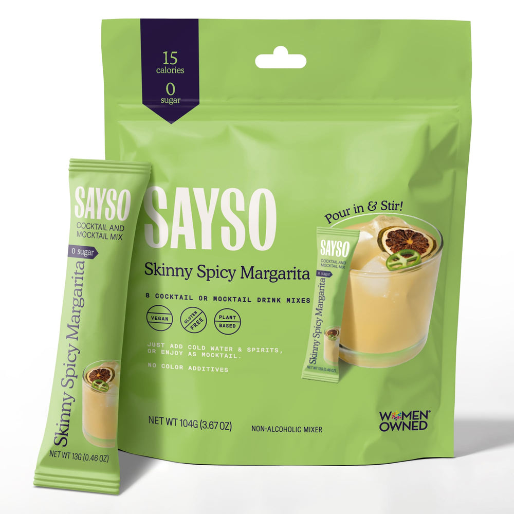 SAYSO Skinny Spicy Margarita stick packaging for on-the-go cocktails.