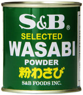 S&B Wasabi Powder can closeup highlights natural color from horseradish and Wasabia Japonica.