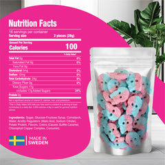 Scandylicious Bubs Dizzy Skulls closeup sour coating highlights tangy kick and chewy texture.