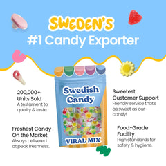 Assorted Swedish sweets from Scandylicious with BUBS gummies for a classic snack mix.