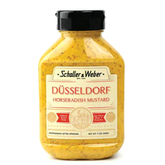 Schaller & Weber Dusseldorf Horseradish Mustard 9oz bottle adds bold flavor to sausages.