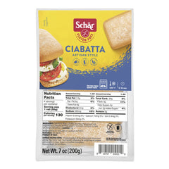 Schär Ciabatta 2-pack packaging showcases gluten-free convenience for meals.