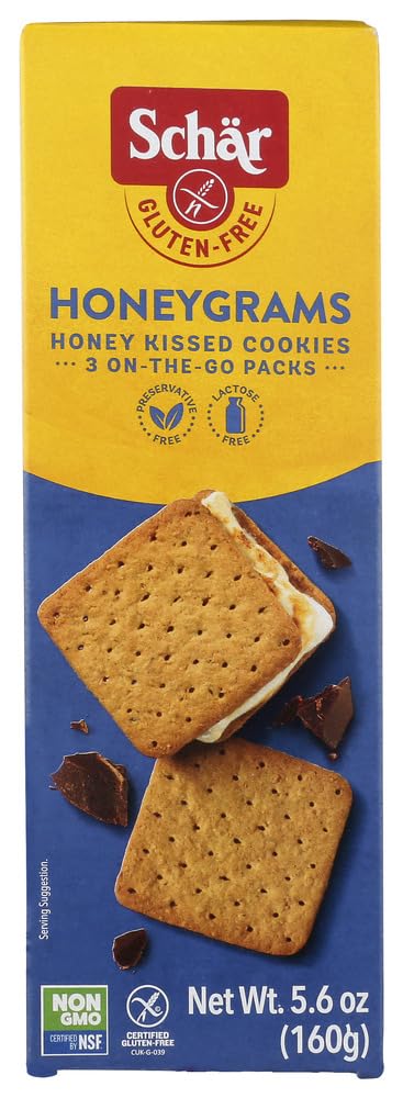 Schar Honeygrams packshot highlights gluten-free snacking convenience.