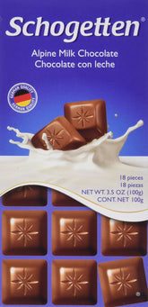 Schogetten Alpine Milk Chocolate pack with 18 squares, perfect for sharing.