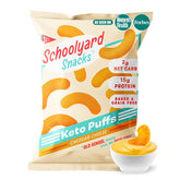 Schoolyard Cheddar Cheese Puffs pack close-up showcasing crunchy texture and branding