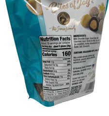 Sconza Crunchy Toffee Milk Chocolate Macadamias dusted with powdered sugar, ready to enjoy.