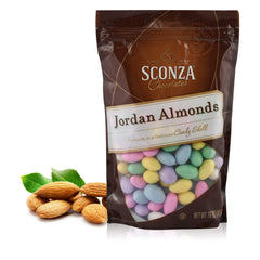 Sconza Jordan almonds in package front for easy gifting and display
