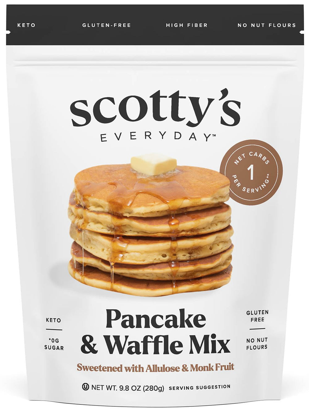 Scotty's Everyday Keto Pancake Mix bag highlighting gluten-free, nut-free formula.