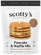 Scotty's Everyday Keto Pancake Mix bag highlighting gluten-free, nut-free formula.