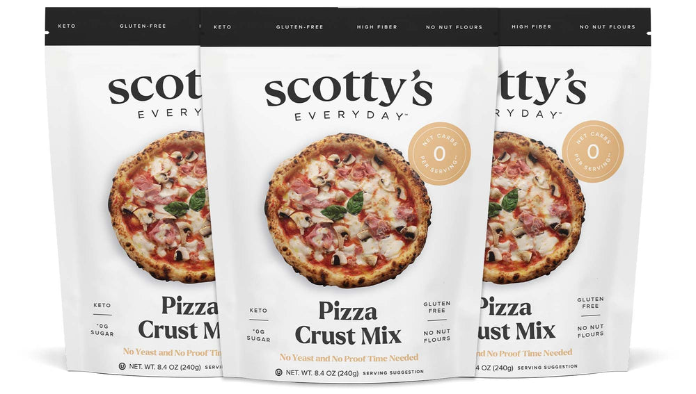 Scotty's Everyday Keto Pizza Crust Mix package view shows zero net carbs for keto meals