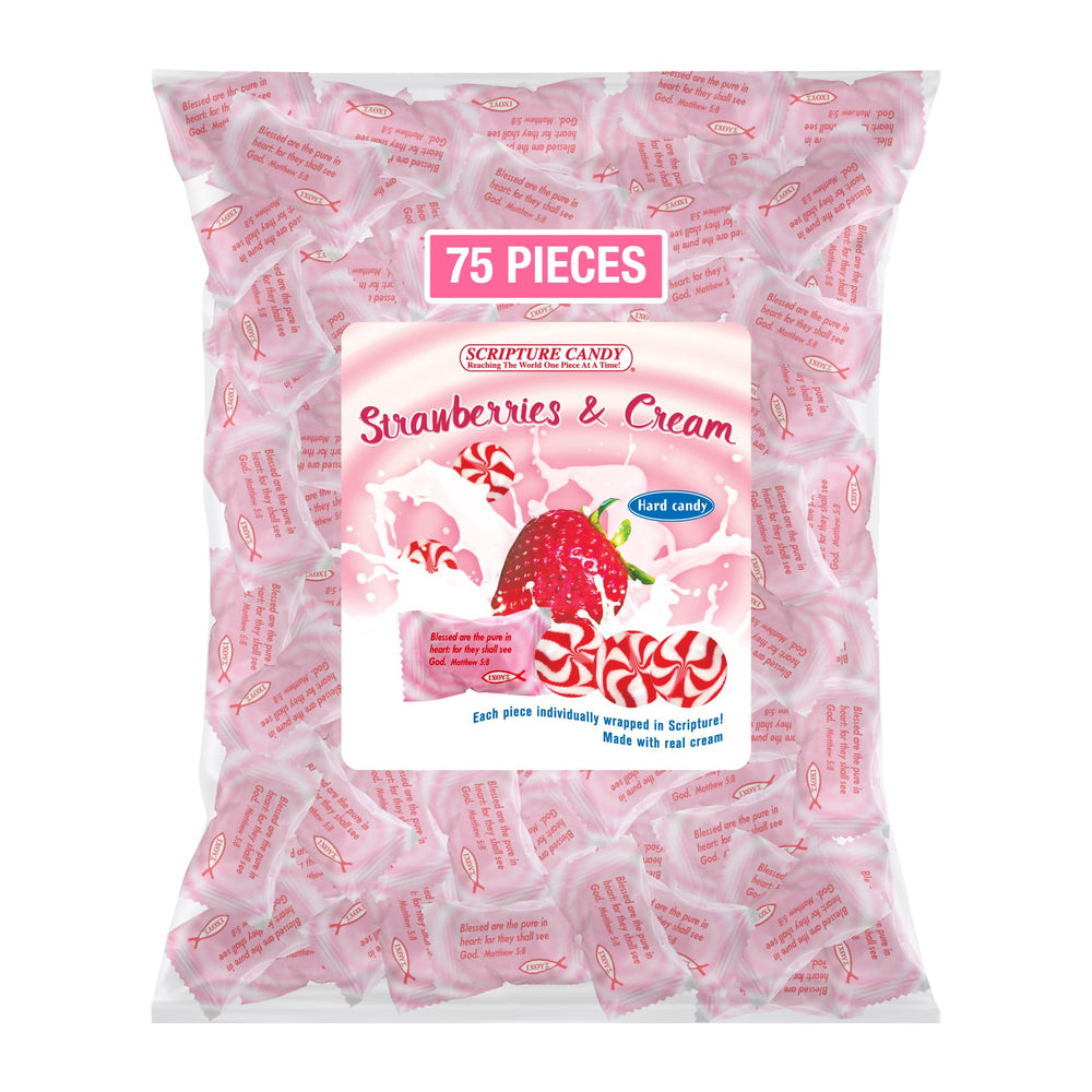 Scripture Candy Strawberries & Cream hard candy bag with orange candies, ideal for gifting.