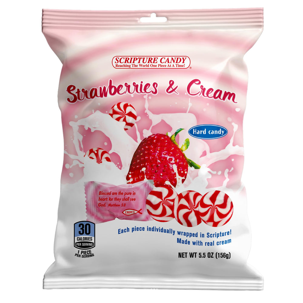 Scripture Candy strawberry-cream bag with 25 wrapped candies for sharing