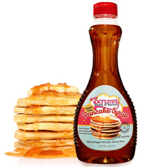 Scrummy Pancake Syrup bottle pour shows zero sugar sweetness for breakfast