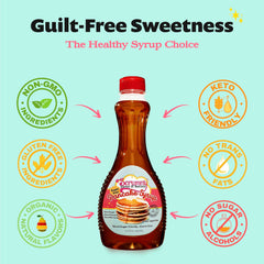 Scrummy Pancake Syrup label closeup reveals organic flavors and zero sugar