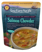 Sea Fare Pacific Smoked Salmon Chowder pouch packaging highlights BPA-free, ready-to-heat soup.