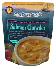 Sea Fare Pacific Smoked Salmon Chowder pouch packaging highlights BPA-free, ready-to-heat soup.