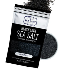 Sea Salt Superstore black lava salt bottle for finishing and grill seasoning.
