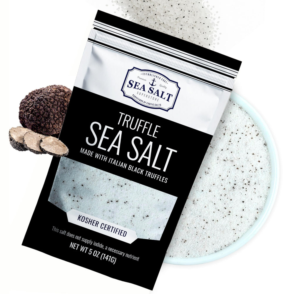 Sea Salt Superstore Caravel Gourmet Italian black truffle salt bottle adds rich flavor to gourmet dishes