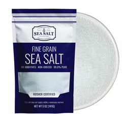 Sea Salt Superstore fine Baja salt bottle with quick-dissolving granules for even flavor.